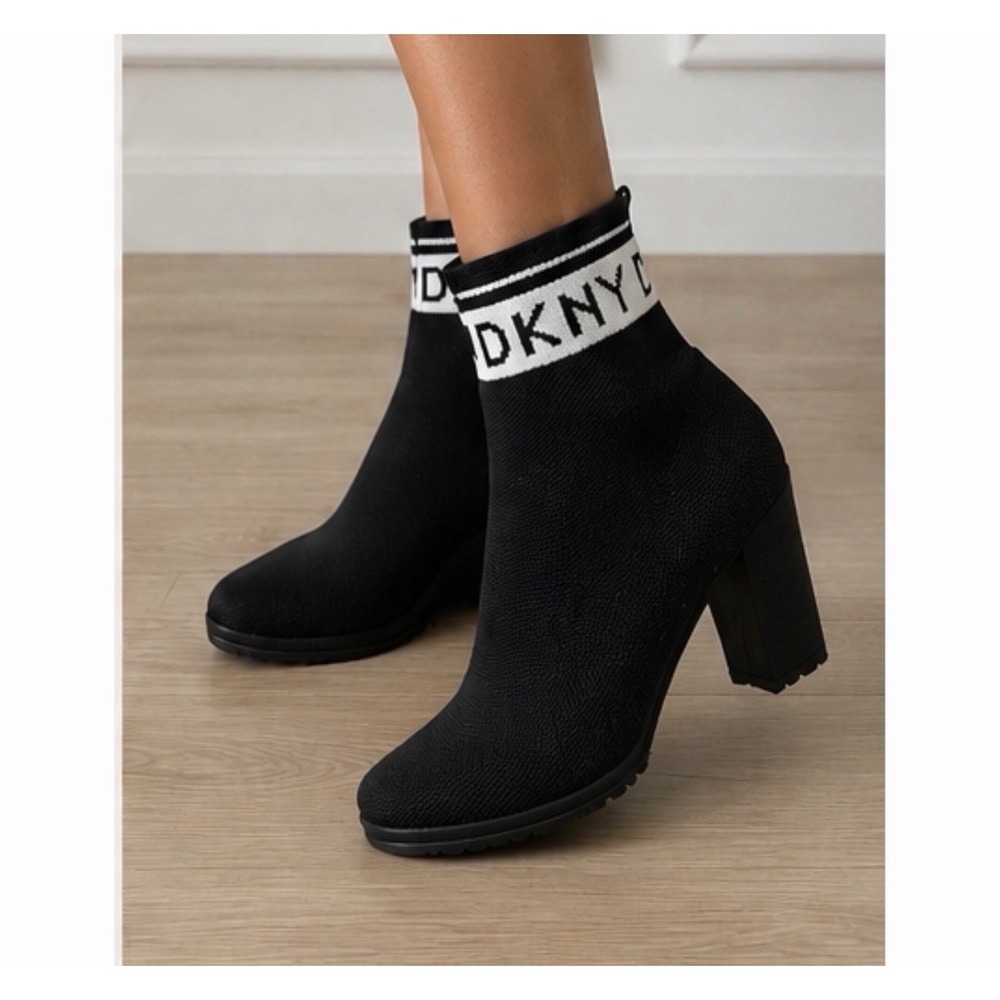 DKNY Women Sock Booties Ankle Boots Knit Fabric Logo Black White Block Heel 5.5